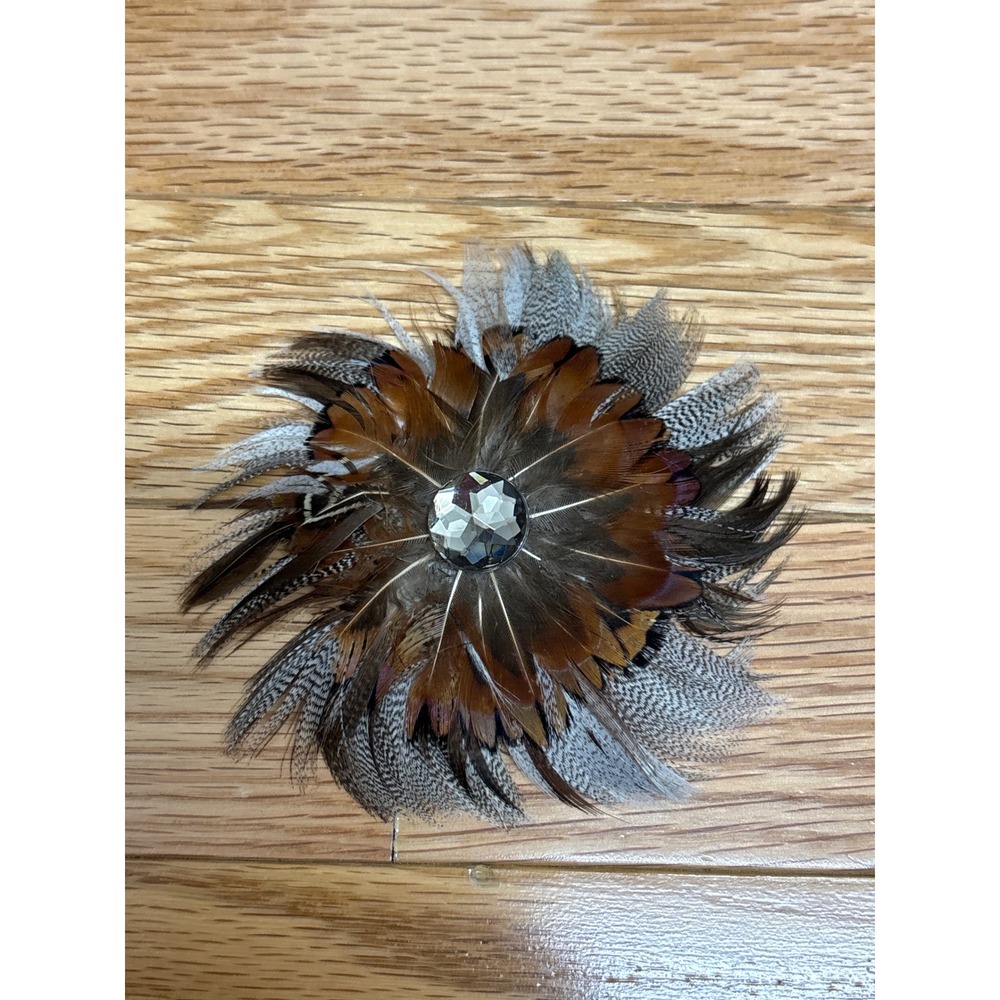 Natural Feather Brooch Pin Brown Grey Speckled with Crystal Center 3.5 inch